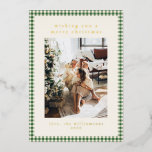 Cute Green Plaid Portrait Photo Christmas Gold Foil Holiday Card<br><div class="desc">Cute Green Gingham Plaid Custom Photo Christmas Gold Foil Holiday Card for a Portrait/Vertical Photo</div>