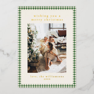 Cute Green Plaid Portrait Photo Christmas Gold Foil Holiday Card