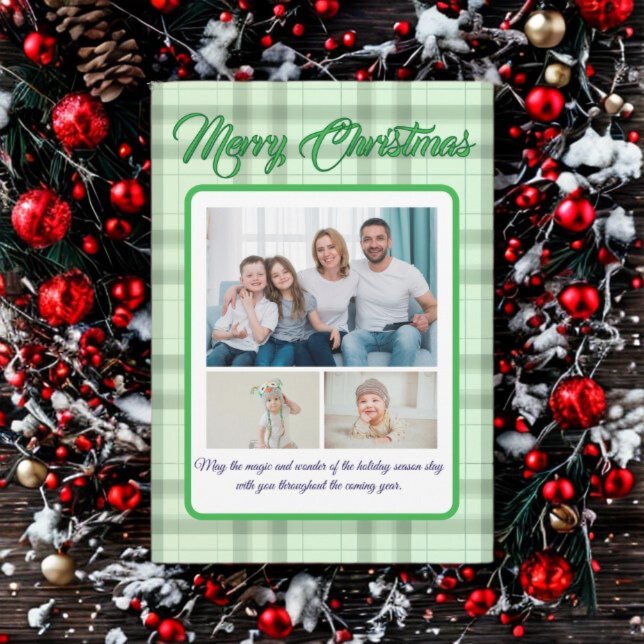 Cute Green Plaid Portrait Photo Christmas Holiday Card (Creator Uploaded)