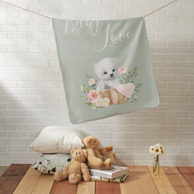 Cute Green Polar Bear Baby Love Baby Blanket (In Situ)