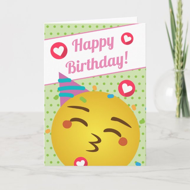 Cute Green Polka Dot Kiss Emoji Happy Birthday Card (Front)