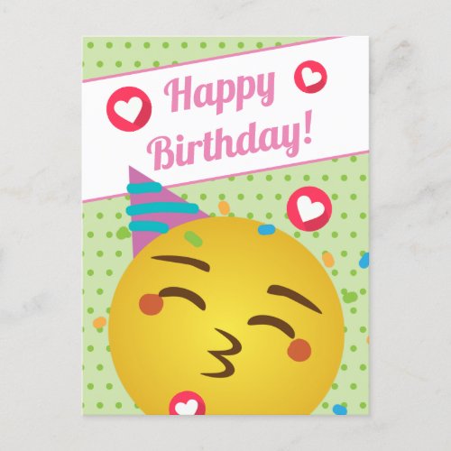 Cute Green Polka Dot Kiss Emoji Happy Birthday Postcard