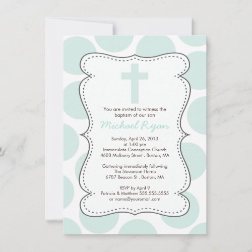 Cute Green Polka Dots Cross Baptism Invitation