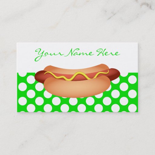 Customizable Cute Green Polka Dots &amp; Tasty Hotdog Snack Design Business Card