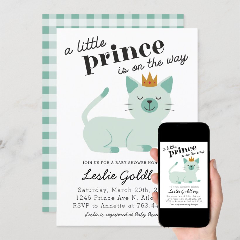 Cute Green Prince Kitty Cat Baby Shower Invitation (Downloadable)