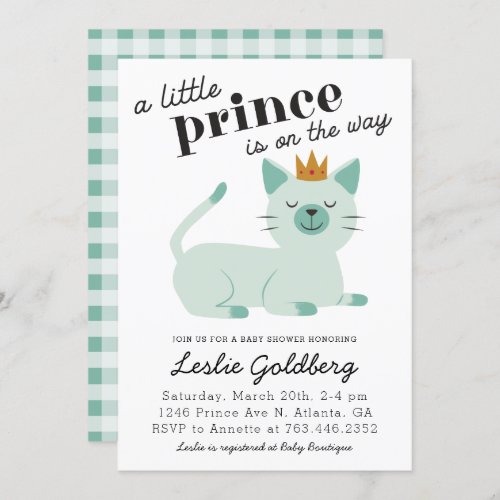 Cute Green Prince Kitty Cat Baby Shower Invitation