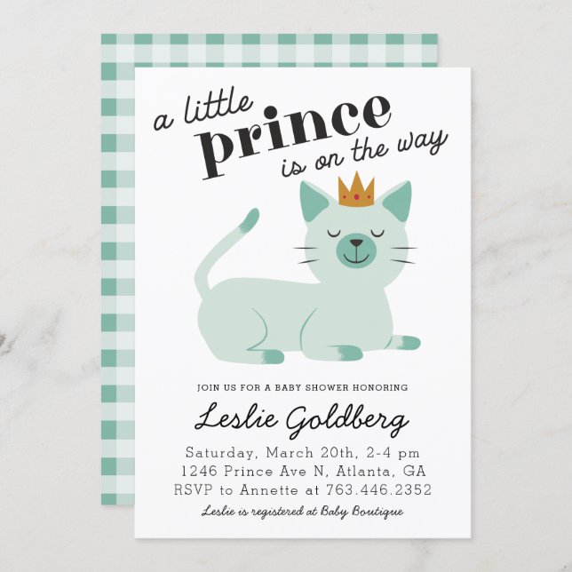 Cute Green Prince Kitty Cat Baby Shower Invitation (Front/Back)