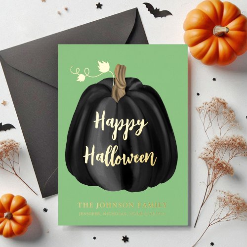 Cute Green Pumpkin Happy Halloween Gold Foil Holiday Card