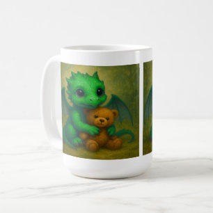 Cute Green Puppy Eyed Baby Dragon with Teddy Bear Coffee Mug
