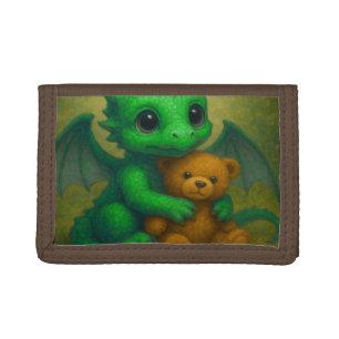 Cute Green Puppy Eyed Baby Dragon with Teddy Bear Tri-fold Wallet
