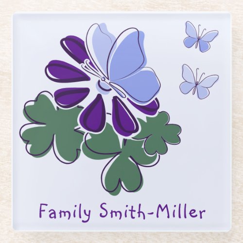 Cute Green Purple Bloom Blue Butterfly Doodle Glass Coaster