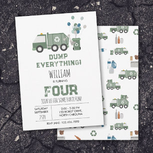 Cute Green Recycling Truck Boys Vehicles Birthday Invitation