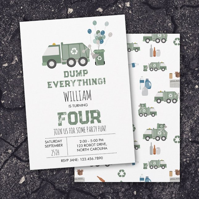 Cute Green Recycling Truck Boys Vehicles Birthday Invitation (Cute Green Recycling Truck Boys Vehicles Birthday Invitation)