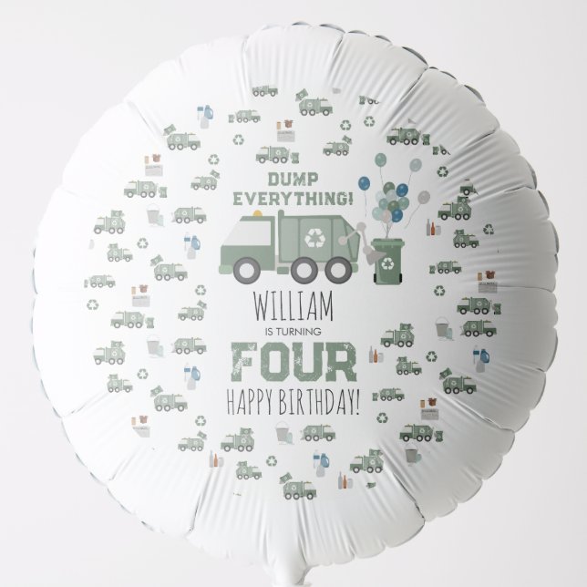 Cute Green Recycling Truck Kids Name Age Birthday Balloon (Front)