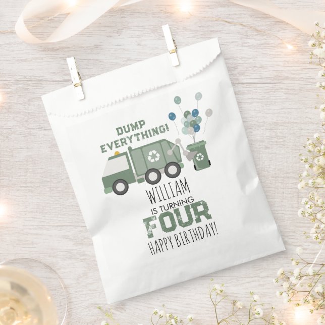 Cute Green Recycling Truck Kids Name Age Birthday Favor Bag (Clipped)