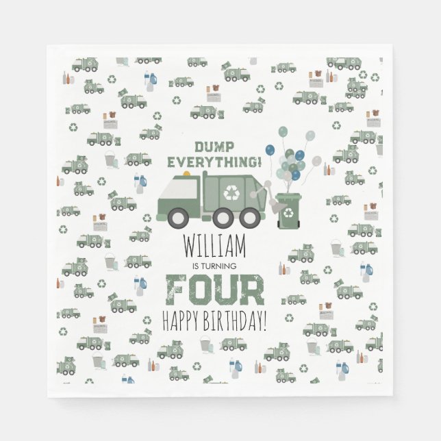 Cute Green Recycling Truck Kids Name Age Birthday Napkins (Front)