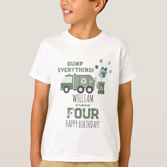 Cute Green Recycling Truck Kids Name Age Birthday T-Shirt (Front)