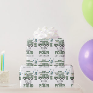 Cute Green Recycling Truck Kids Name Age Birthday Wrapping Paper