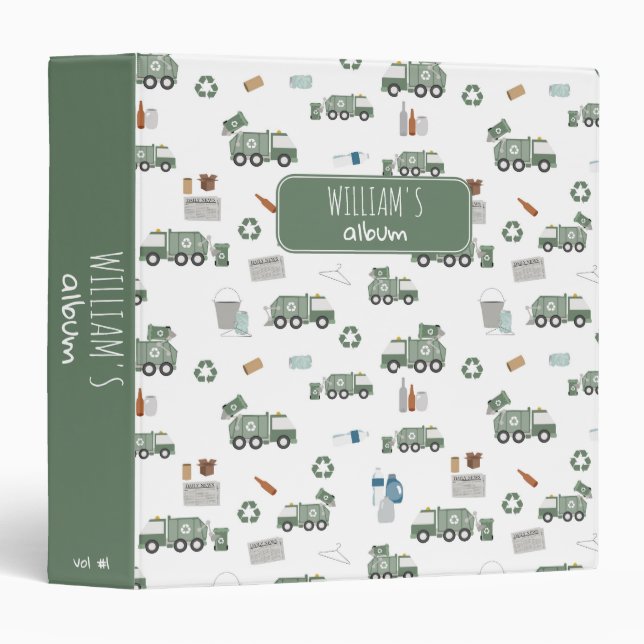 Cute Green Recycling Truck Kids Vehicles Album 3 Ring Binder (Front/Spine)