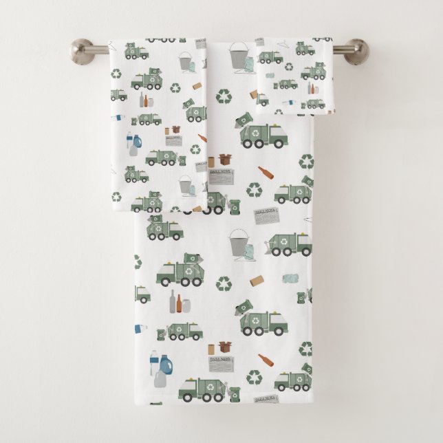 Cute Green Recycling Truck Kids Vehicles Bath Towel Set (Insitu)