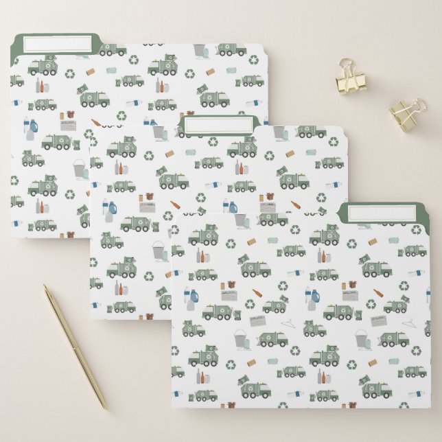 Cute Green Recycling Truck Kids Vehicles Pattern File Folder (Set)