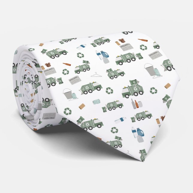 Cute Green Recycling Truck Kids Vehicles Pattern Neck Tie (Rolled)