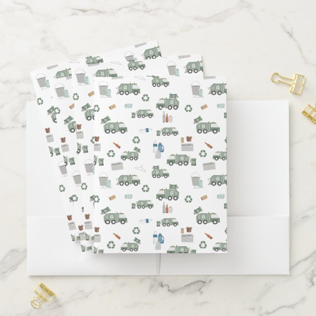 Cute Green Recycling Truck Kids Vehicles Pattern Pocket Folder (In Situ)