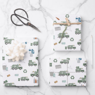 Cute Green Recycling Truck Kids Vehicles Pattern Wrapping Paper Sheets
