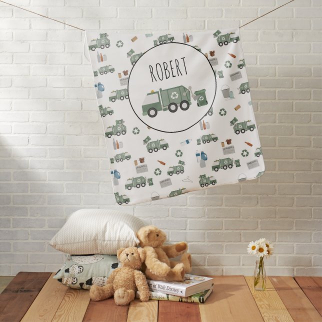 Cute Green Recycling Truck Vehicles Kids Name Baby Blanket (In Situ)