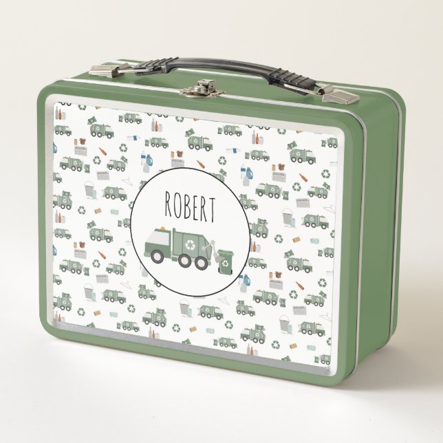 Cute Green Recycling Truck Vehicles Kids Name Metal Lunch Box (Front)