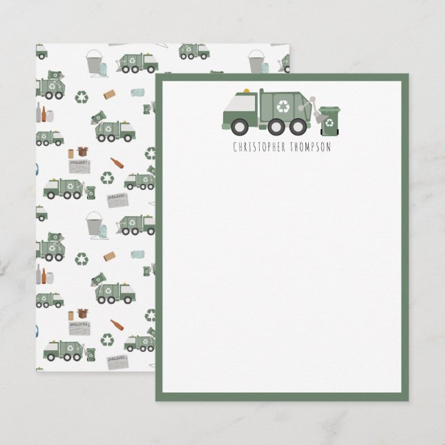 Cute Green Recycling Truck Vehicles Kids Name Note Card (Front/Back)