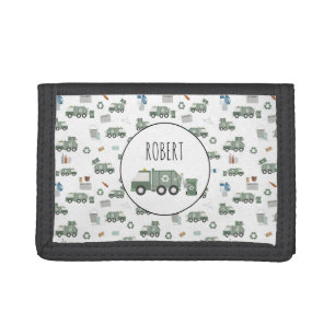 Cute Green Recycling Truck Vehicles Kids Name Tri-fold Wallet