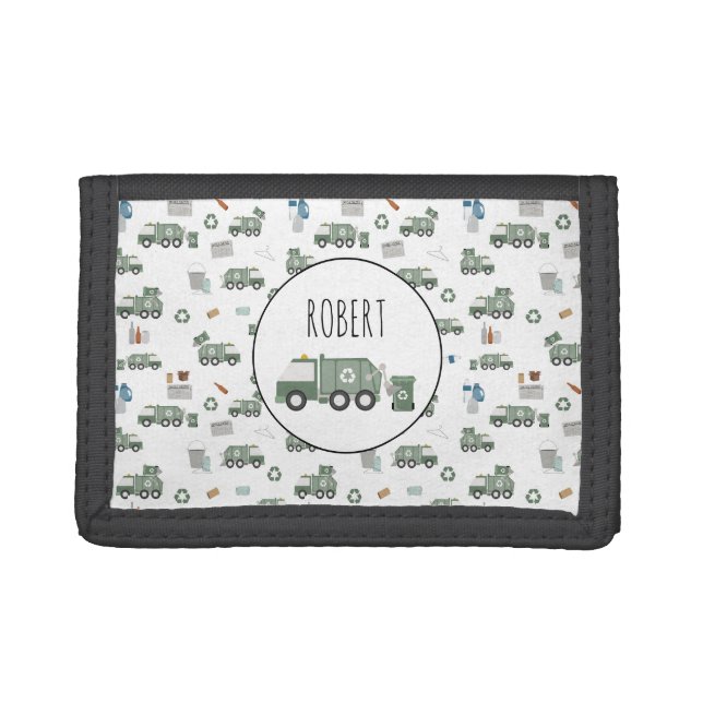 Cute Green Recycling Truck Vehicles Kids Name Trifold Wallet (Front)