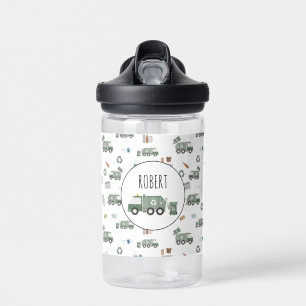 Cute Green Recycling Truck Vehicles Kids Name Water Bottle