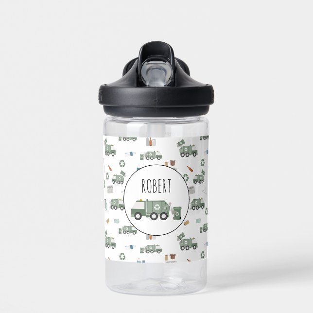 Cute Green Recycling Truck Vehicles Kids Name Water Bottle (Front)