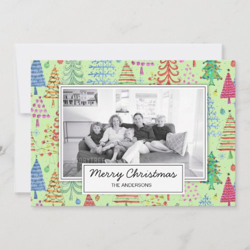 Cute Green Red Blue Christmas Trees Family Photo Holiday Card
