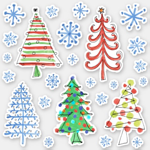 Cute Green Red Blue Christmas Trees w Snowflakes Sticker