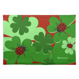 Cute Green Red Clover Leaves & Lady Bug Name Cloth Placemat
