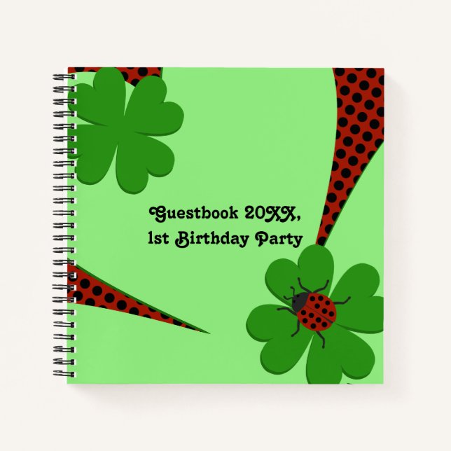 Cute Green Red Ladybug Birthday Party Guest Book (Front)