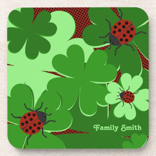 Cute Green Red Ladybug Clover Leaves Family Name Beverage Coaster