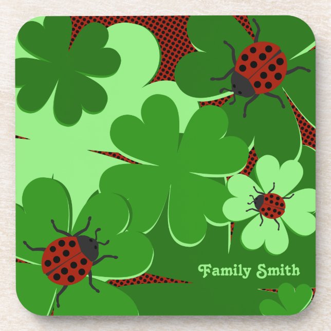 Cute Green Red Ladybug Clover Leaves Family Name Beverage Coaster (Front)