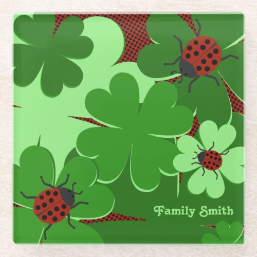 Cute Green Red Ladybug Clover Leaves Family Name  Glass Coaster