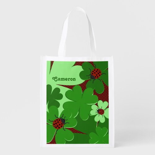 Cute Green Red Ladybug Clover Leaves Name Tote Bag