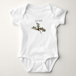 cute Green Red Mistletoe Watercolor Baby Bodysuit