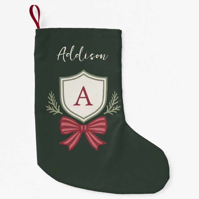 Cute Green Red Monogram Striped Bow Small Christmas Stocking (Front)