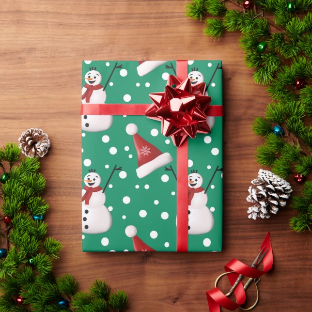 Cute Green Red White Snowman Santa Christmas Gift Wrapping Paper (Holiday Gift)