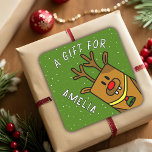 Cute Green Reindeer Kid`s Name Christmas Gift Square Sticker<br><div class="desc">Cute Green Reindeer Kid`s Name Christmas Gift Square Sticker. Funny cartoon reindeer with a red nose on rustic a green background with white snowflakes. The sticker has a name template - personalize the sticker with your name.</div>