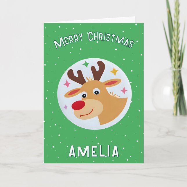 Cute Green Reindeer Kid`s Name Merry Christmas Card (Front)