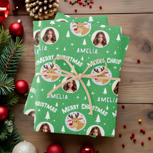 Cute Green Reindeer Kid`s Name Photo Christmas Wrapping Paper Sheets