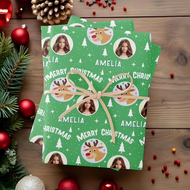 Cute Green Reindeer Kid`s Name Photo Christmas Wrapping Paper Sheets (Creator Uploaded)